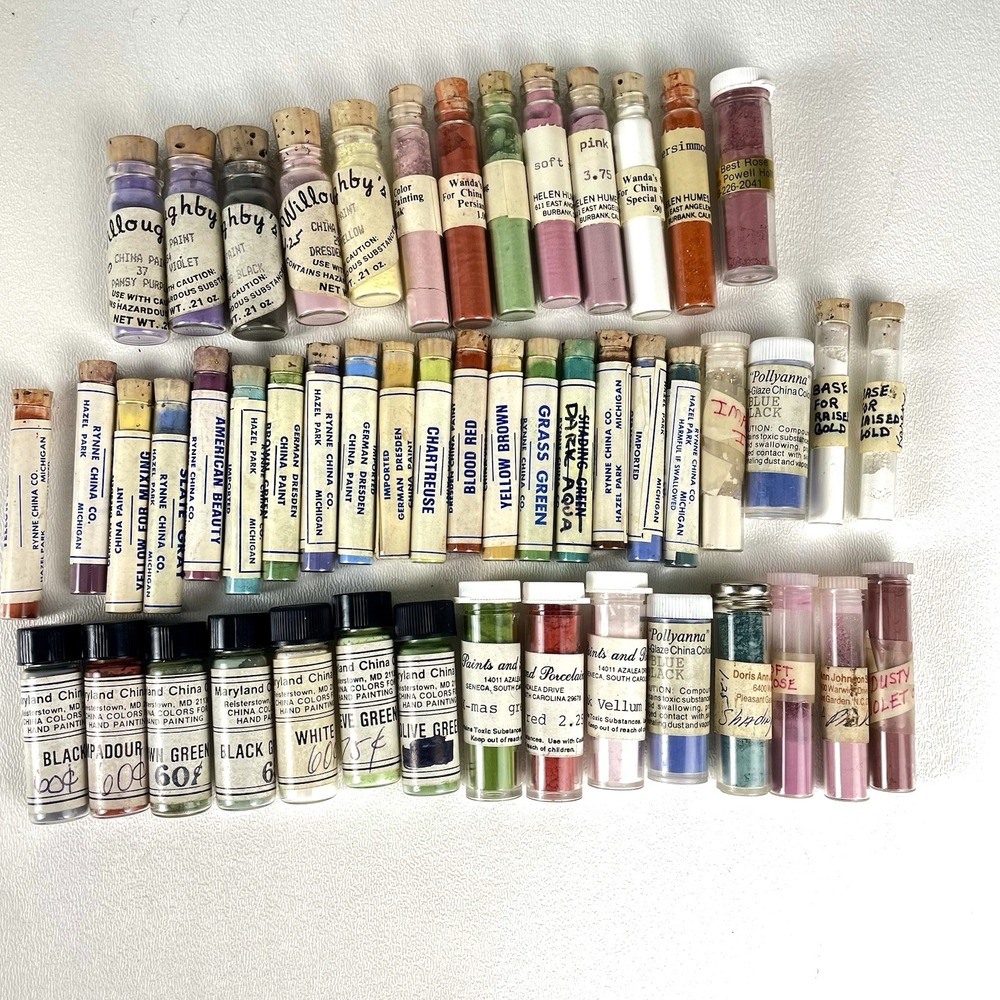 Vintage China Powder Paints Lot of 40 Color Vials Jar pigment German Dresden etc